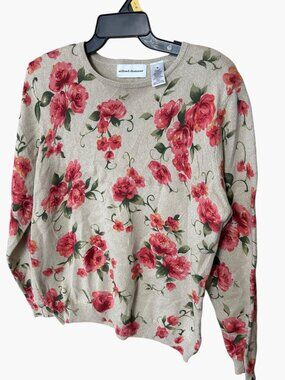 Women’s Sweater Crewneck Alfred Dunner M Oatmeal Rose Floral Beaded Vintage